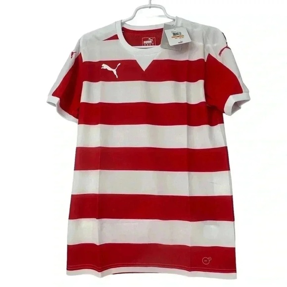 PUMA Men’s Small Red White Hoop Soccer Shirt – Striped Athletic Jersey NWT - Picture 1 of 9